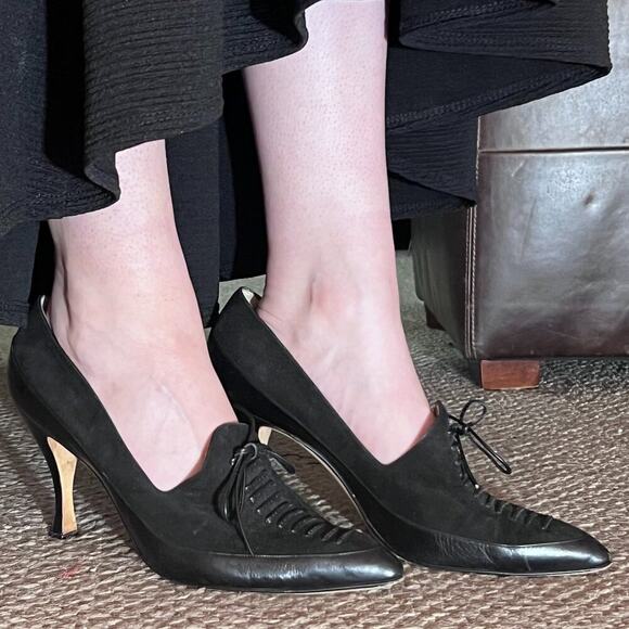 Vintage Manolo Blahnik Two-Tone Camel Brown Oxford Lace-Up Pump Heels IT 38 - Picture 4 of 13